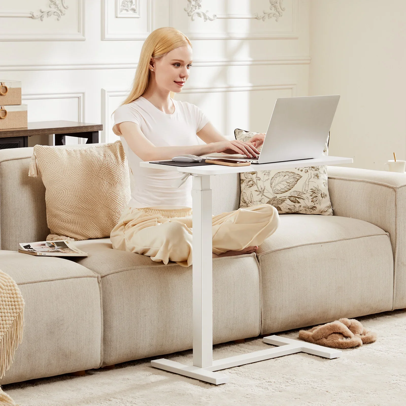 Overbed Bedside Sofa Table with Hidden Wheels Adjustable Height Use Bed Table Laptop Mobile Standing Desk Living Room
