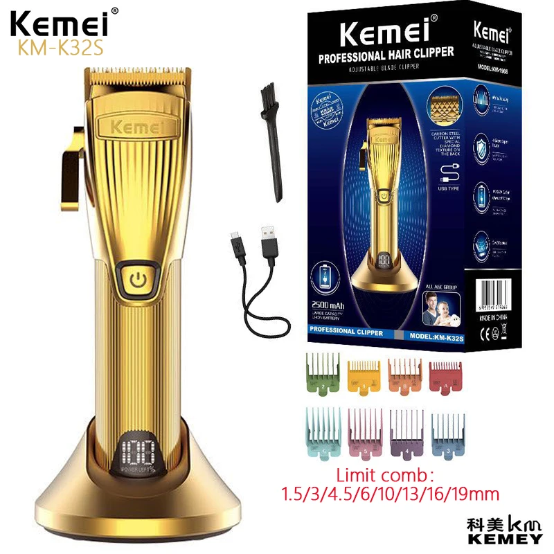 Kemei KM-K32S Hair Clipper with Diamond Fast Charging and Long Time Using Professional Salon Hair Trimmer Clipper Limit Comb small charging usb mini handheld fan cooler portable fan mini silent charging desk dormitory office student gifts enduranc long