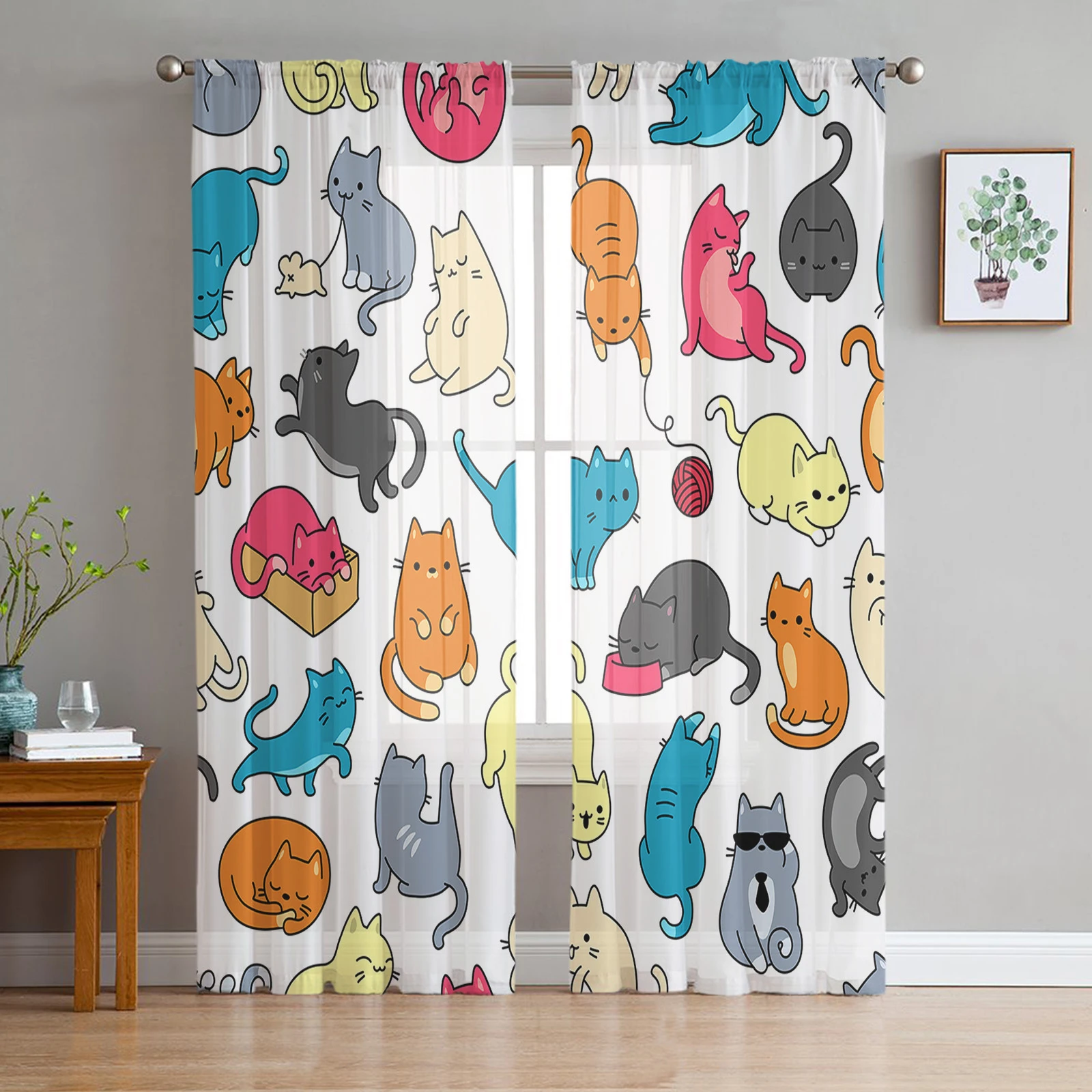 Curtains Cat Living Room | Chiffon Cartoon Curtains | Tulle Cartoon Curtains  - Cartoon - Aliexpress