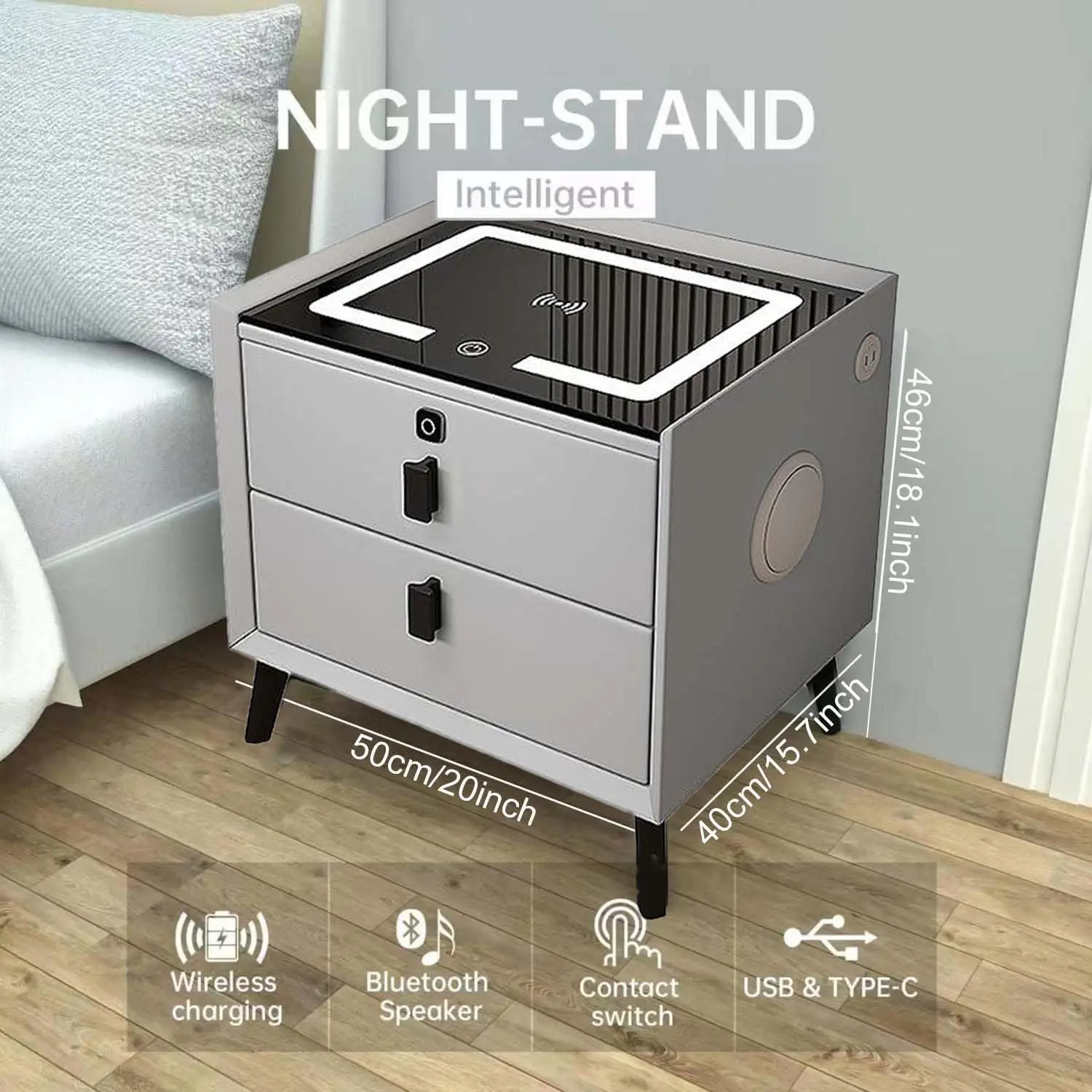 طاولة سرير ذكية خشبية، طاولة جانبية مع درج بقفل بص...