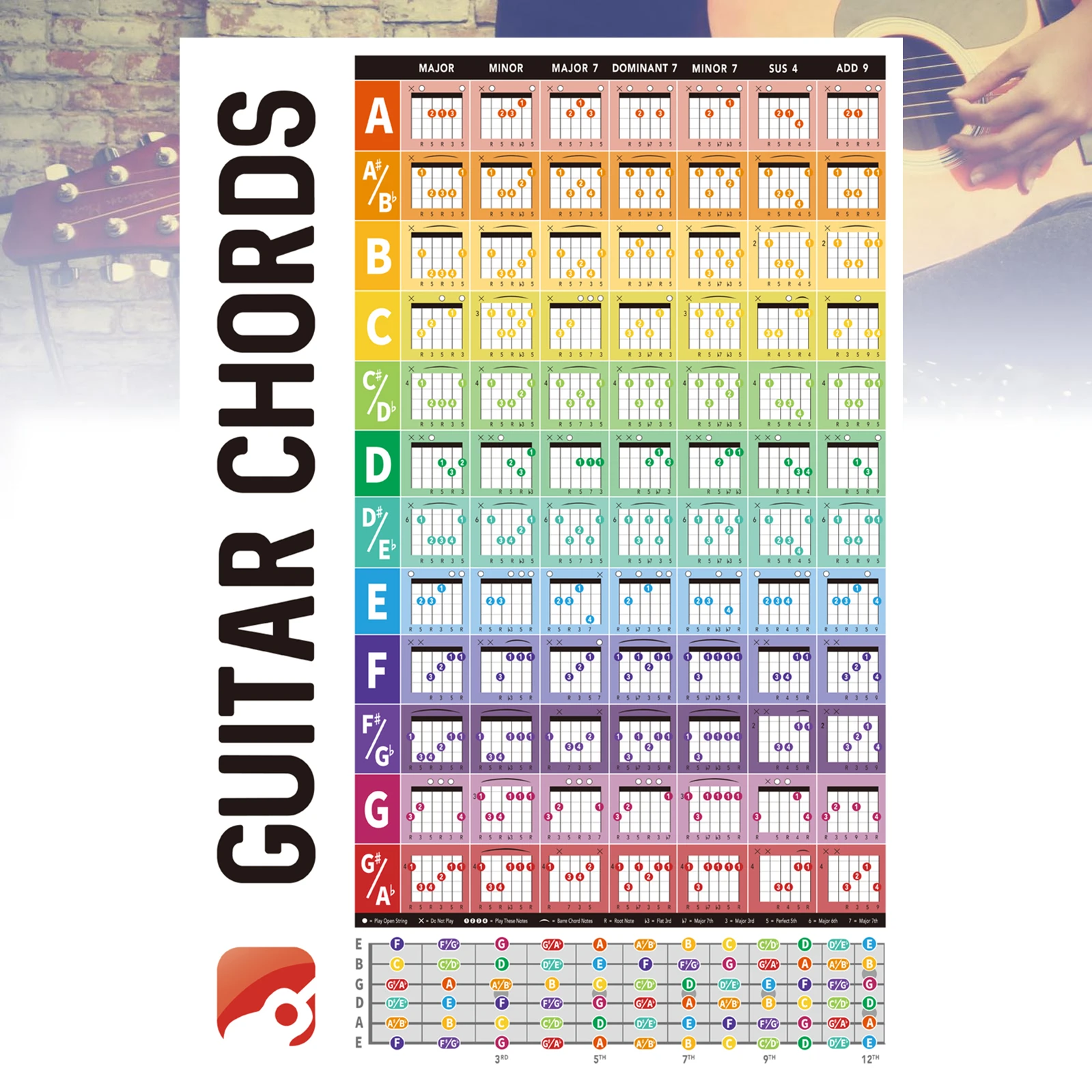 22inch x 15inch / 11inch x 8inch Guitar Chord Poster Chart for Beginners with 56 Color Coded Chords Small Large Size Optional