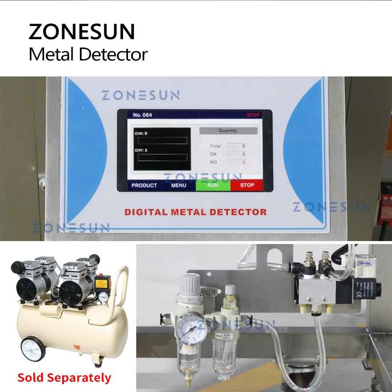 ZONESUN ZS-MD1 Metal Detector Checker Food Safety Ferreous Nonferreous Steel Impurity Rejected Rejection Bin  Production Process