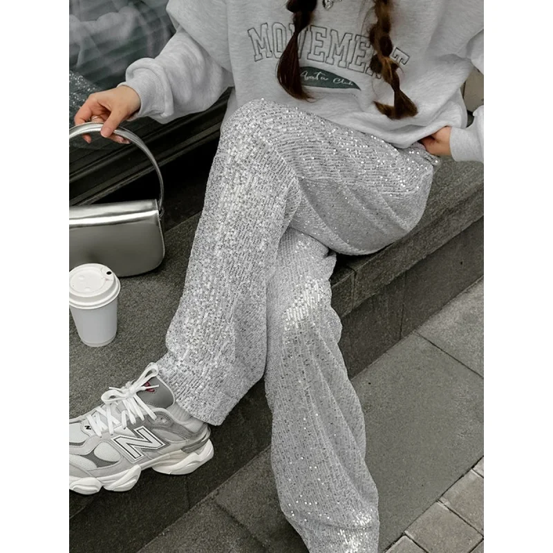 2024 Spring French Style Fashion Street White Sequined Casual Pants Women's Design Wide Leg Pants Trousers Wholesale Women's Clo