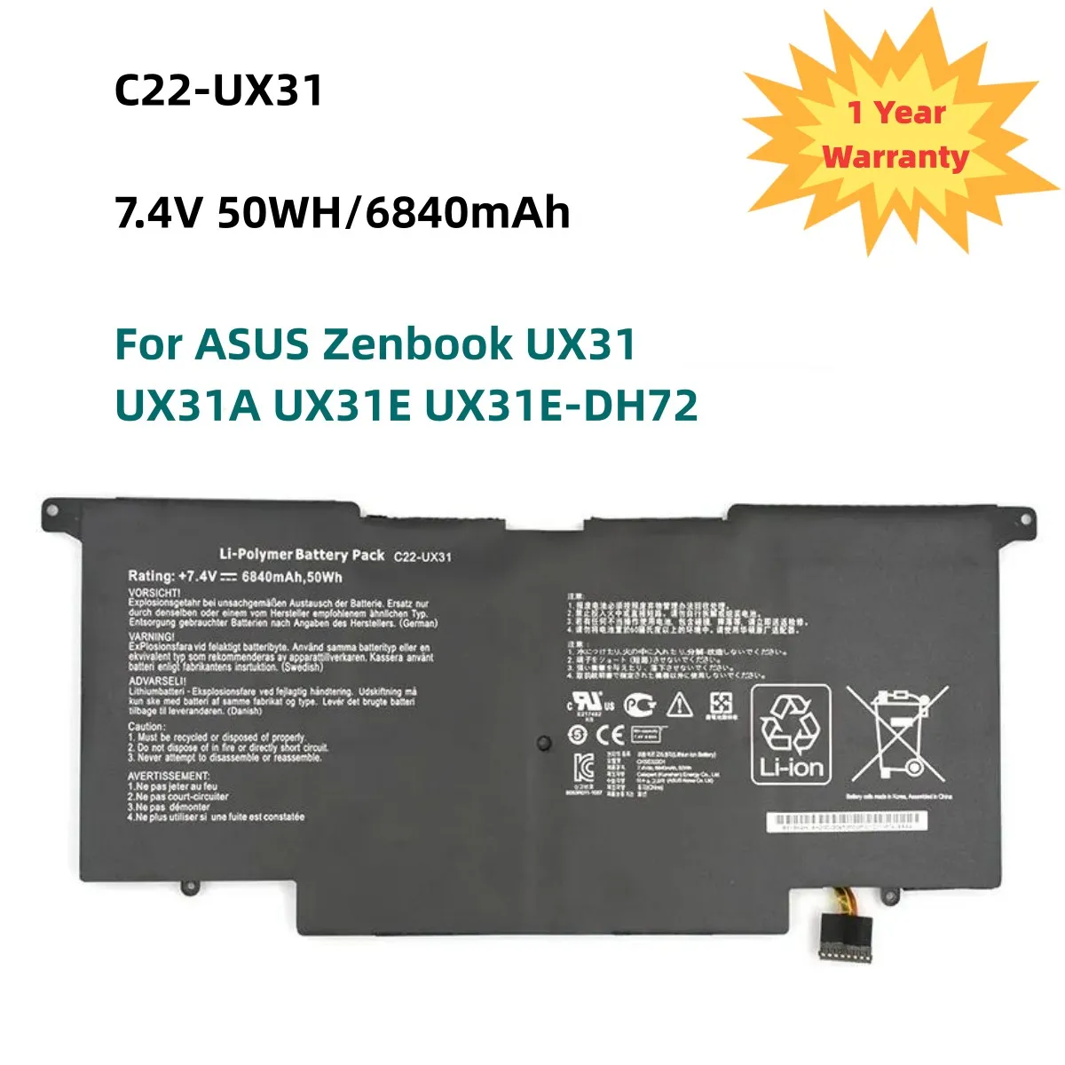 

New C22-UX31 Laptop Battery for ASUS Zenbook UX31 UX31A UX31E UX31E-DH72 C22-UX31 C23-UX31 7.4V 50WH/6840mAh