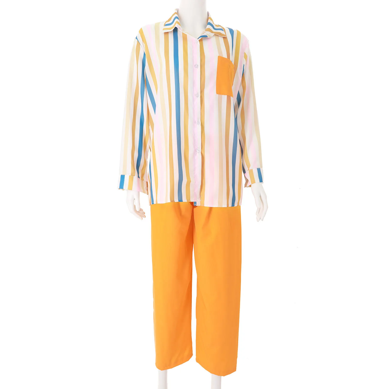 긴팔 셔츠 바지 세트, 캐주얼 트렌디 신축성 허리, 통기성 폴리에스테르 줄무늬 블라우스 바지 한 벌, 2 개/세트