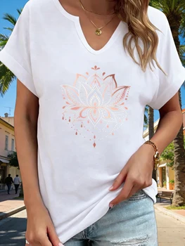 Women's V-Neck Mandala Lotus Graphic Tee, Boho Floral Print T-Shirt, Casual Loose Short Sleeve Daily Fashion Top 1
