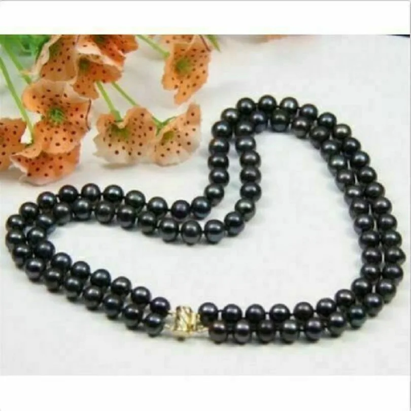 

charming 2 ROW AAA 9-10MM TAHITIAN NATURAL BLACK PEARL NECKLACE 14k clasp