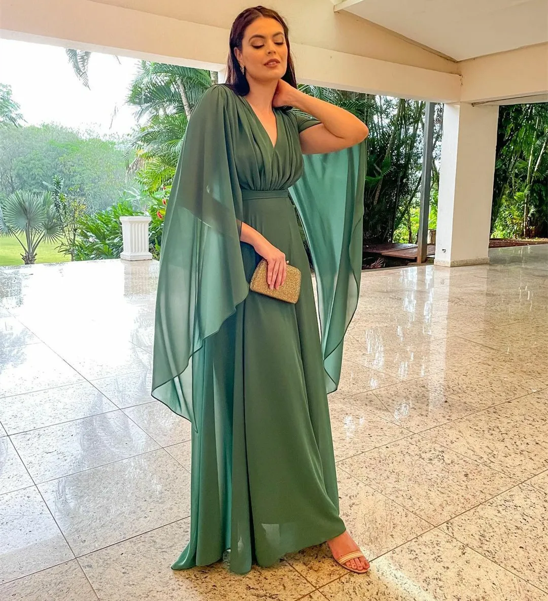 

Vintage Long Brazilian Style Chiffon Prom Dresses A-Line Green V-Neck Floor Length Robe De Soiree Formal Party Dresses