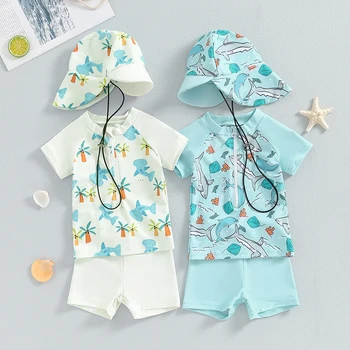 Costume da bagno per neonato e neonato Set estivo con stampa squalo cerniera manica corta Rash Guard e costume da bagno e cappello costumi da bagno Beachwear 1
