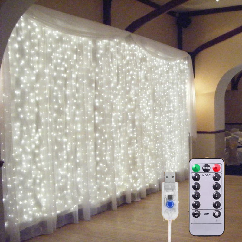 3/6M LED Curtain Garland Fairy String Lights Christmas Holiday Party Wedding Decoration USB Remote 8 Modes Waterfall Lighting