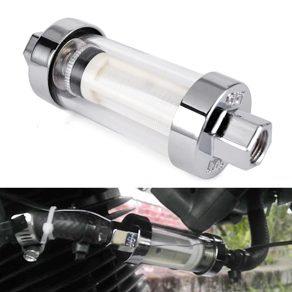

6mm/8mm/10mm Long Chrome Real Glass Gas Fuel Oil Filter Motorcycle Gas Fuel Gasoline Oil Filter for ATV Bike Moto Accessories
