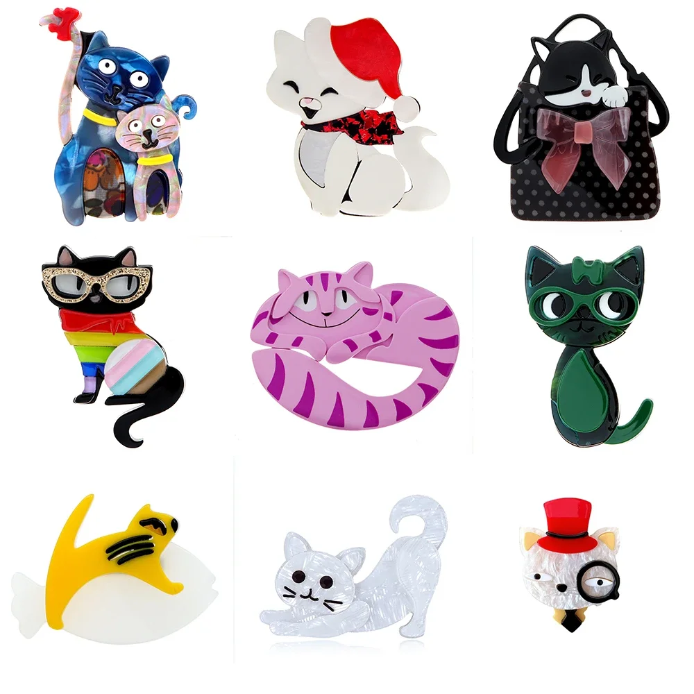 Acrylic Cartoon Cat Brooches for Women Men Wear Hat Glasses Sitting Cute Pet Animal Party Casual Brooch Pin Gifts High Quality