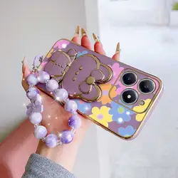 3 - Piece Colored Floral Phone Accessory Set with Case, Lanyard, and Stand for Realme C53 (India) (PURPLE)