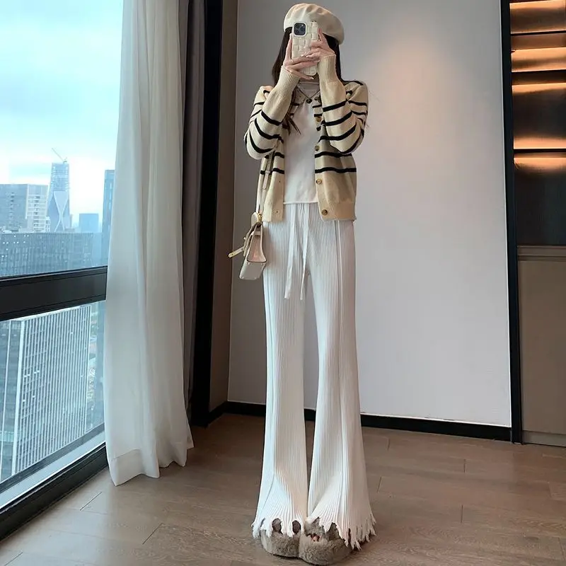 Spring Clothing for Women 2024 New High Waist Drooping Knitted Wide-Leg Pants Small Tassel Flared Trousers Wholesale