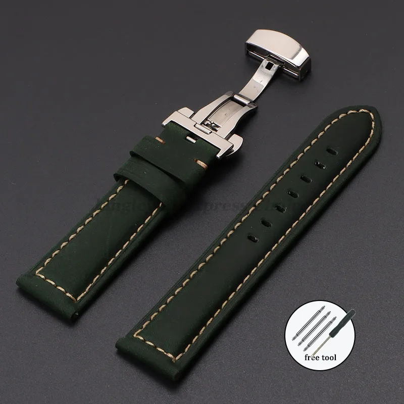 Vintage Crazy Horse Leather Watch Strap with Butterfly Buckle