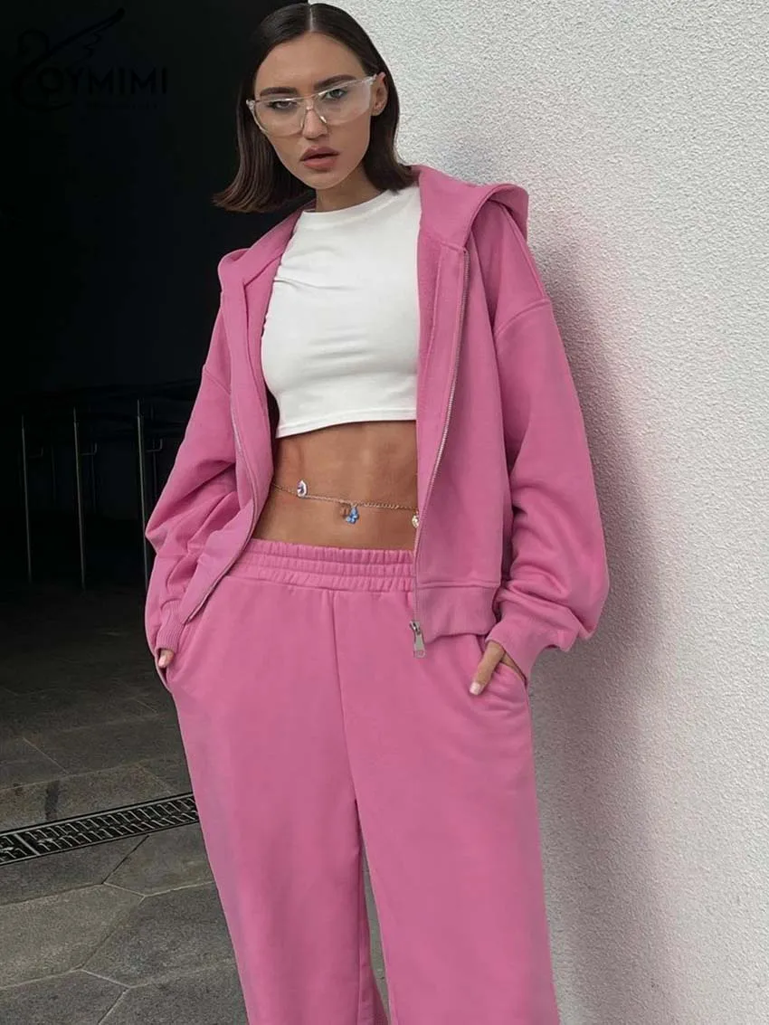 autumn winter knitting suit contrast color o neck oversize sweater baggy coat loose fitting wide leg trousers 2 piece set female Oymimi Casual New Pink Knitting Sets For Women 2 Pieces Fashion Hooded Collar Long Sleeve Zipper Shirts And Simple Trousers Sets