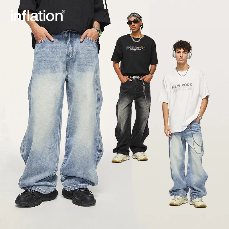 INFLATION Brand Baggy Wide Leg Boyfriend Jeans Unisex Vintage Washed Blue Denim Trousers Male Pants Plus Size Denim Pants Denim Trousers