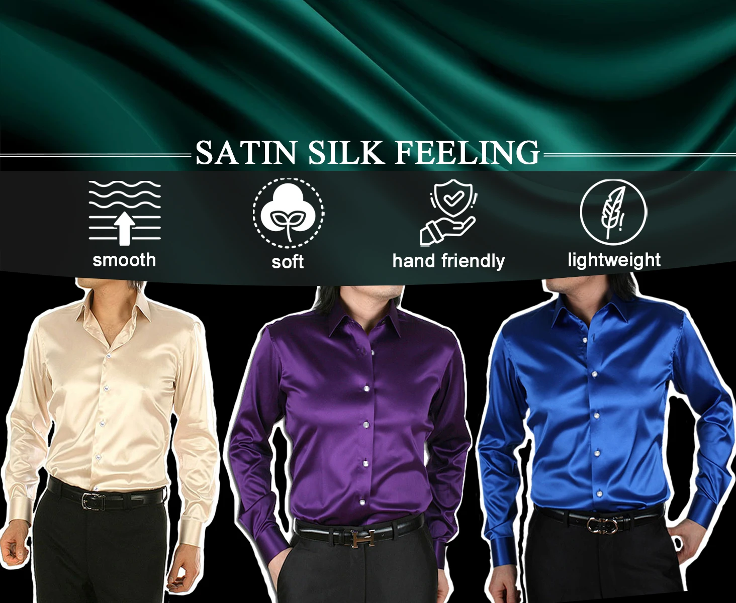 S29a3687d862e4995815c3724eb6bc77ez Hi-Tie Plain Satin Silk Men's Dress Shirts Long Sleeve Suit Shirt Casual Formal Blouse Pure Solid Rose Gold Peach Pink Mint White Mallzona