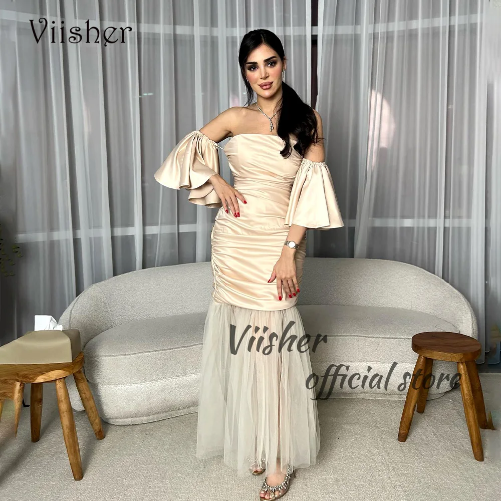 

Viisher khaki Satin Mermaid Evening Dresses Pleats Strapless Tight Formal Prom Dress Dubai Arabia Evening Party Gowns