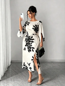 Plus Size Apricot Black Printed Long Dress, Split Cuffs Slim Fit Dress for Women Commute Date Party Banquet