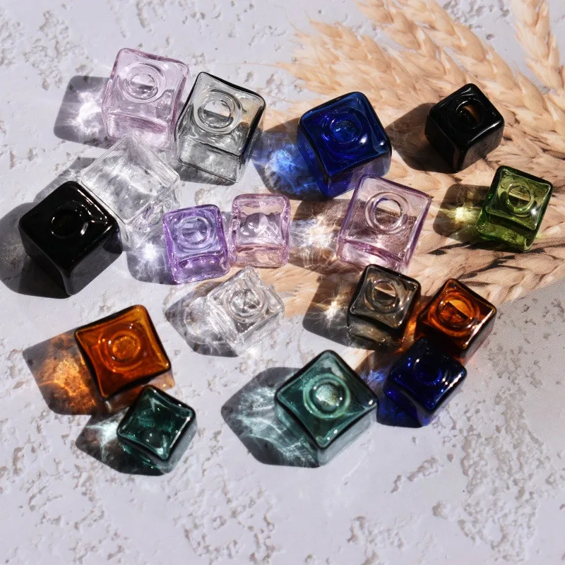 5/10X 10mm 컬러 속이 빈 유리 사각형, 하나의 구멍이 있는 유리 버블 바이알, 유리 구체, 보석 부자재, 유리 로켓 액세서리