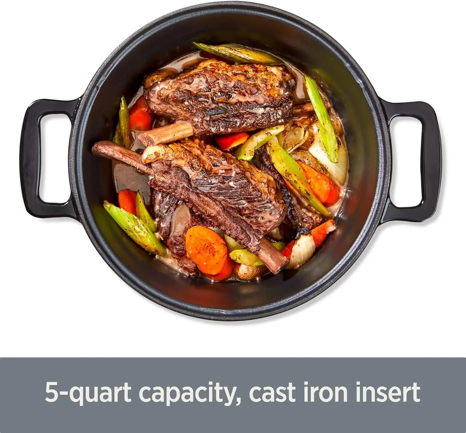 5 Quart 7-in-1 Electric Slow Cooker with Stainless Steel and Cast Iron, 1200W - Black Enamel Crock 5