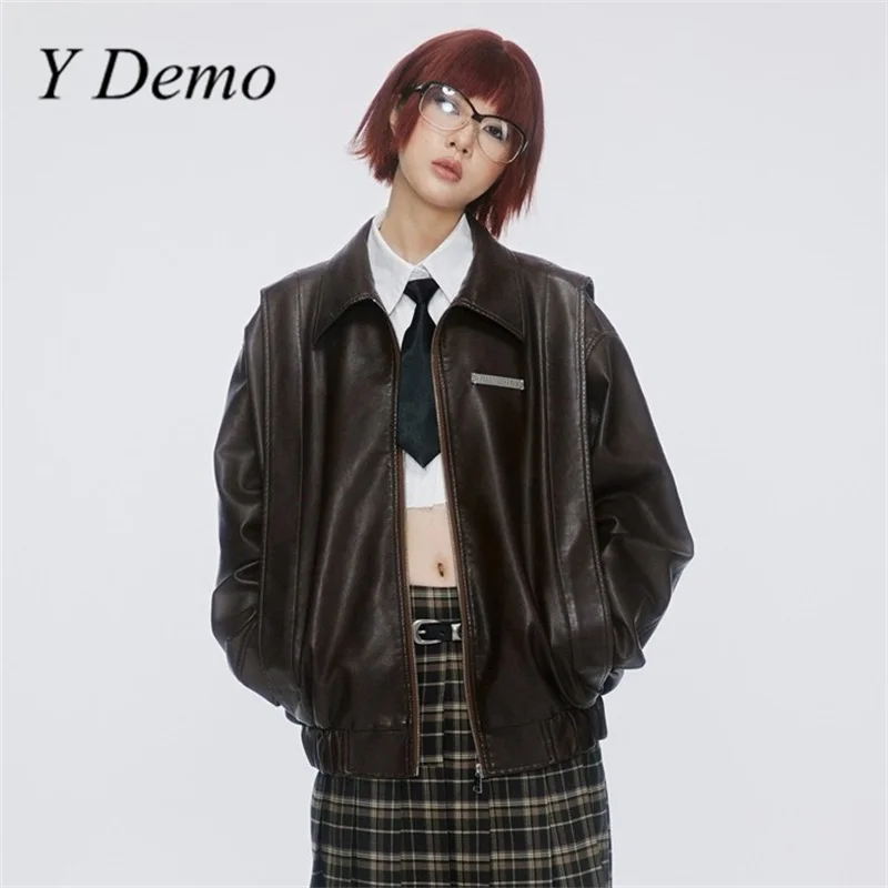 

Y Demo Punk Streetwear Loose Long Sleeve PU Leather Jacket Women's Turn-down Collar Patchwork Jackets Outerwear