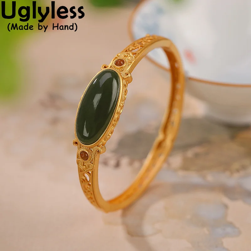 

Uglyless Fashion China Chic Gemstones Bangles Women Natural Agate Jade Bangles 100% Genuine 925 Sterling Silver Jewelry Hollow