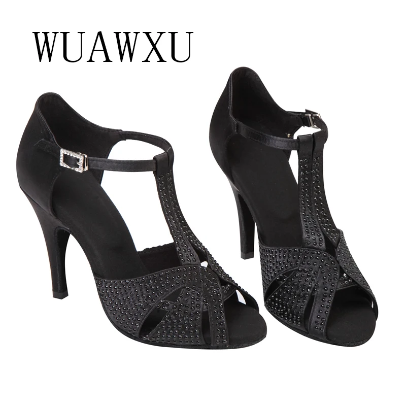 NATASHA Latin Dance Shoes Competition Penstock and Sexy Performance Party Dance Shoes Dark Tone Black Satin Soft Sole Dance Shoe 3