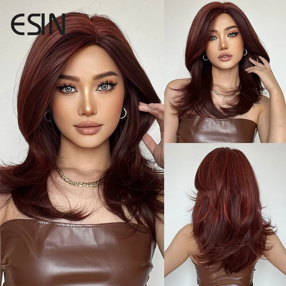 

ESIN короткие винно-красные волнистые вьющиеся парики с челкой, синтетический парик для женщин, парики из натуральных волос, термостойкие волосы
