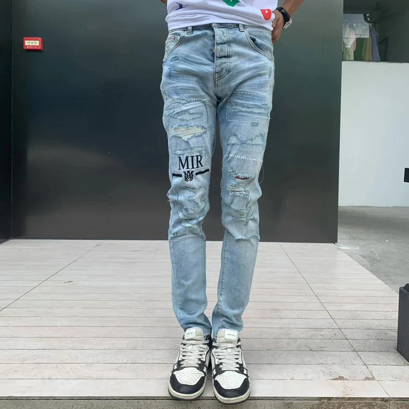 

High Street Fashion Men Jeans Retro Light Blue Elastic Stretch Patched Ripped Jeans Men Embroidery Designer Hip Hop Brand Pants
