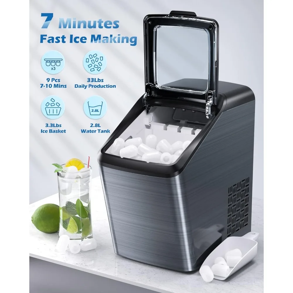 33 pound self-cleaning ice maker countertop, prepare 10 cubes and 2 sizes of ice bullet maker in 9-7 minutes