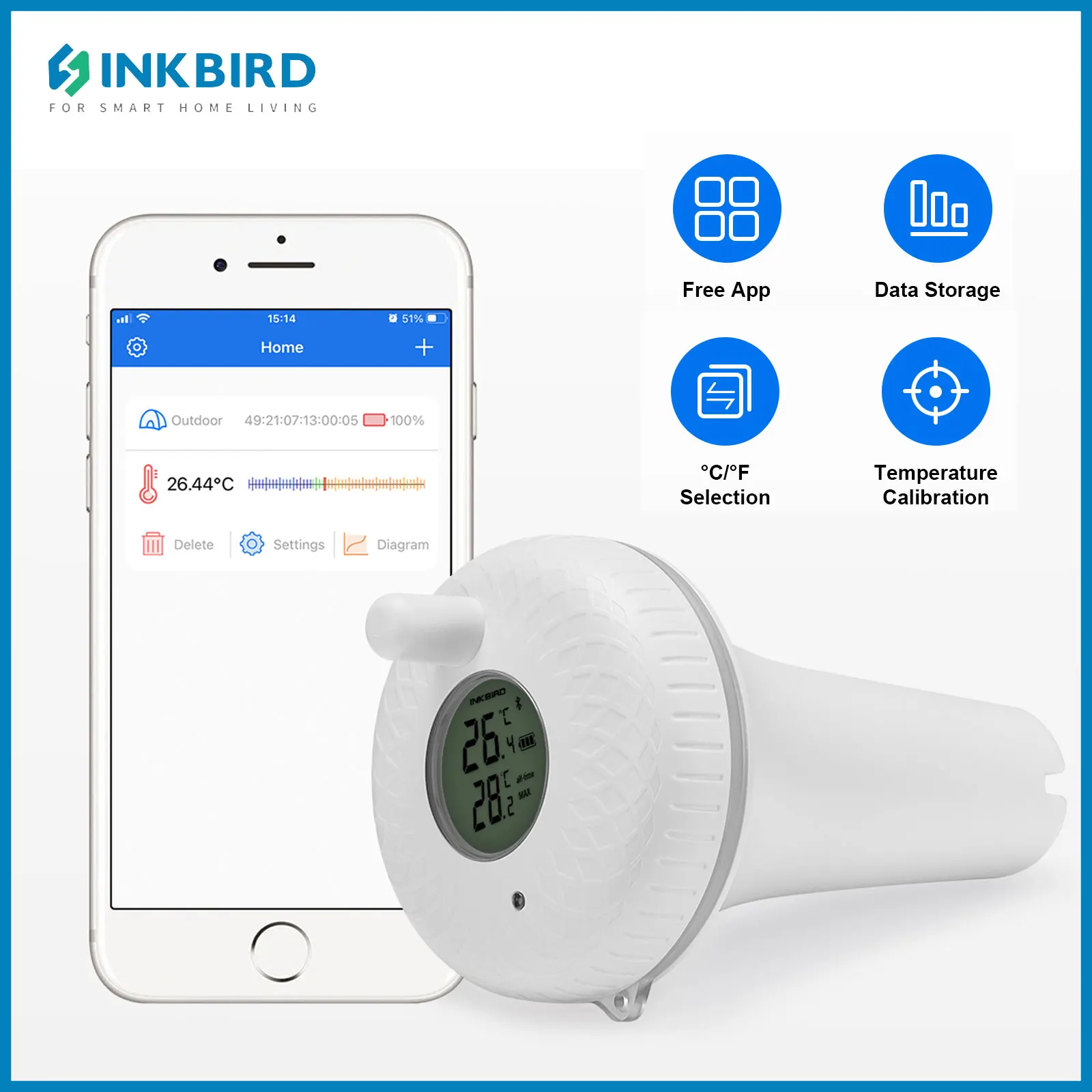 INKBIRD Floating Pool Thermometer Indoor Outdoor Bluetooth-Compatible Water Temperature Monitor for Fishpond Aquarium Hot Tub