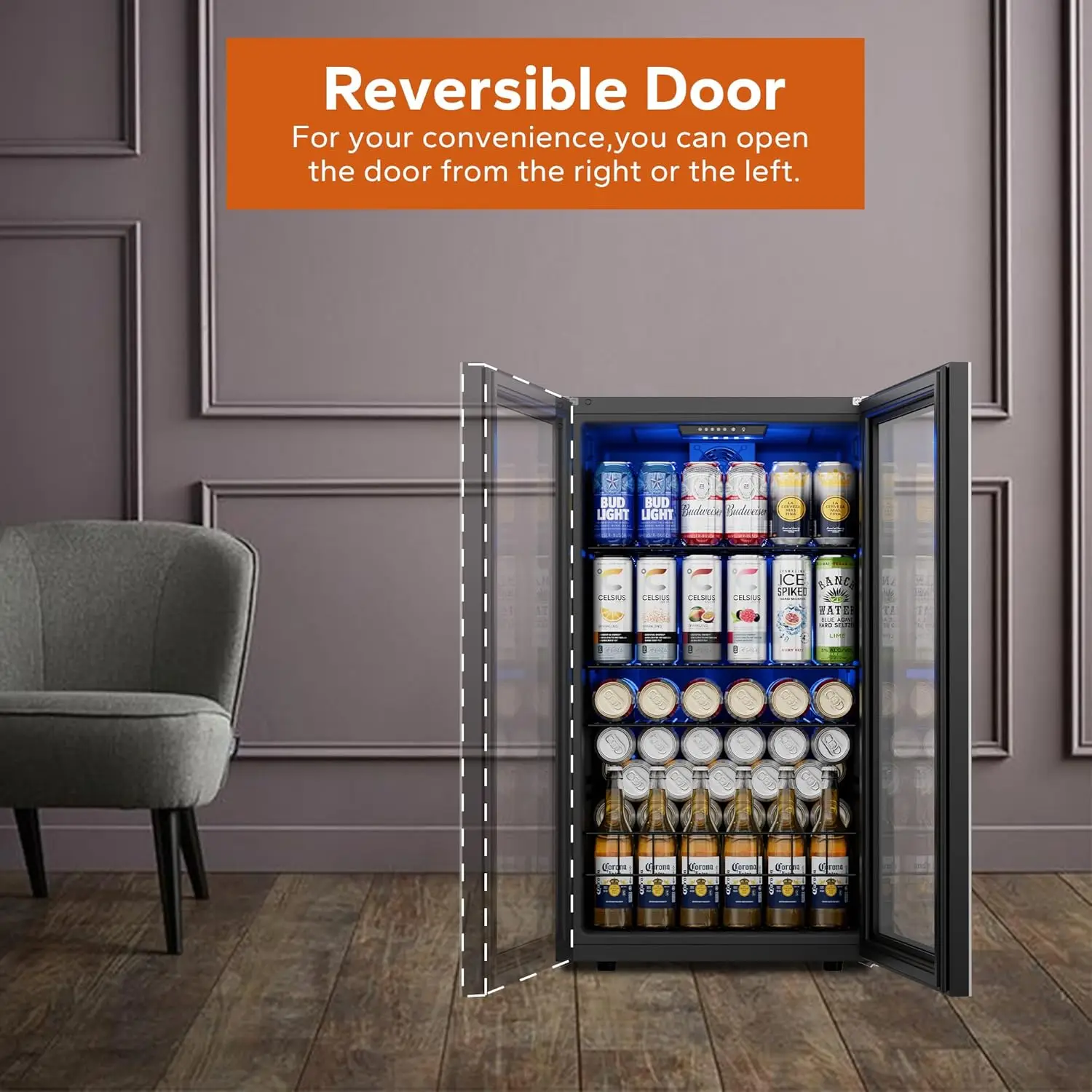 Beverage Refrigerator Cooler 140 Can Small Beverage Fridge Drink Fridge with Glass Door for Beer Soda Freestanding and Under