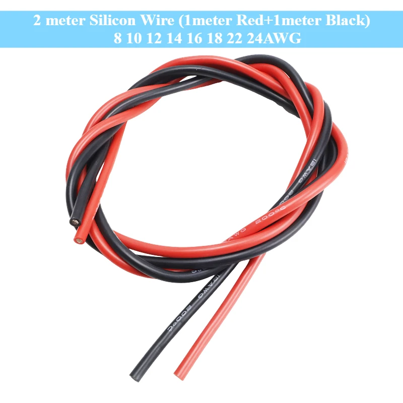 2 Meter Silikondraht (1 Meter Rot + 1 Meter Schwarz) 8 10 12 14 16 18 22 24AWG Hitzebeständiges weiches Silikon-Silikagel-Drahtkabel Erweitern