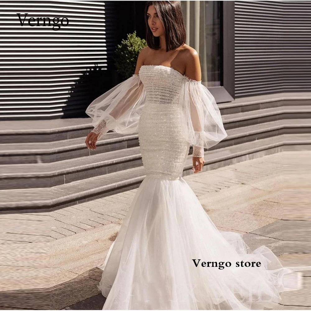 

Verngo Sparkly Sequin Short Wedding Dresses With Detachable Overskirt Tulle Strapless Puff Long Sleeves Mermaid Bridal Gowns