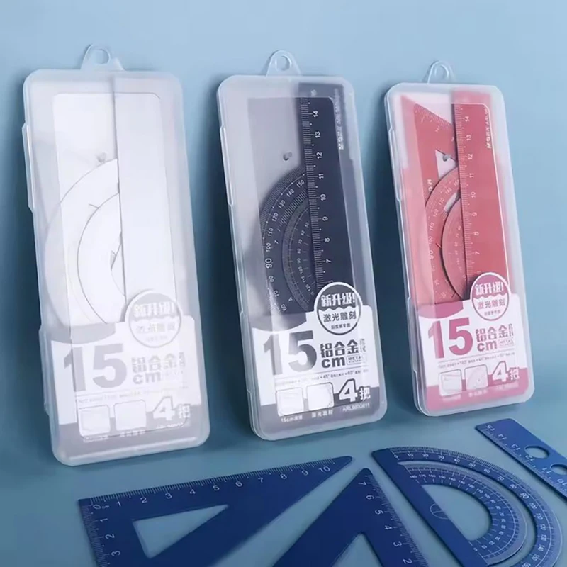 4Pcs 금속 눈금자 학교 그리기 측정 삼각형 눈금자 어린이를위한 학습 각도 스트레이트 눈금자 세트 사무실 액세서리 용품
