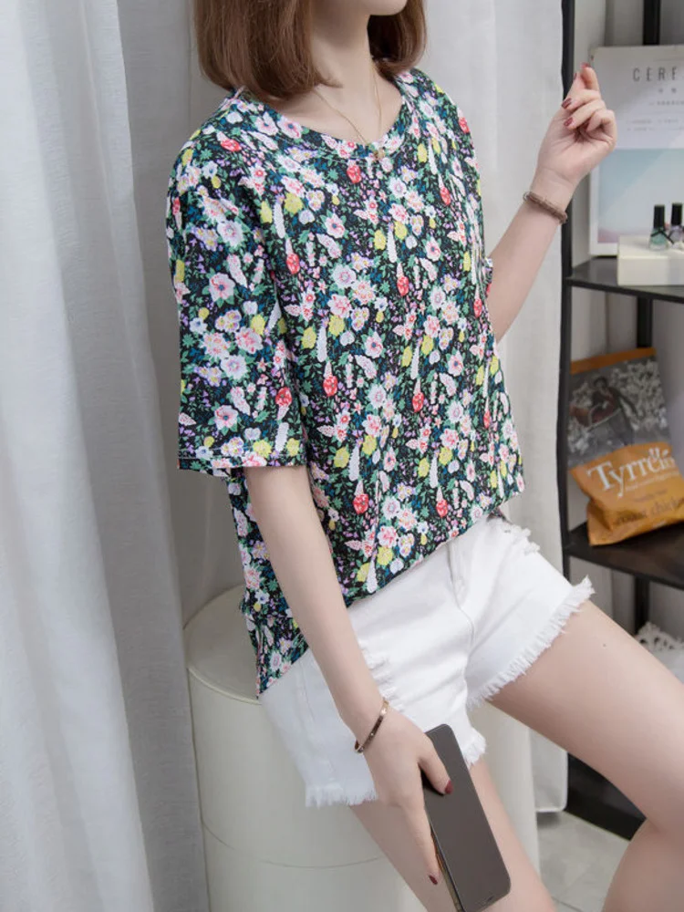 

L-4XL Large Size Cotton Basic T-shirt Female Summer Short Sleeve Loose Vintage Flowers Print Tees Tops Oversize O-neck Tshirts