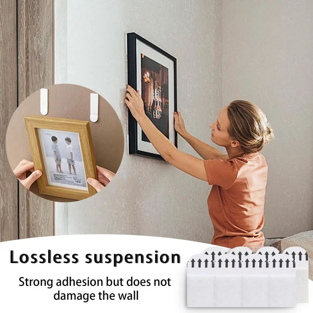 Description Picture 3 of item12 Pairs Punch-free Frame Tape Strips Self Adhesive Picture Frame Fixed Poster Wall Hook Decorate Fixing Wall Hanger
