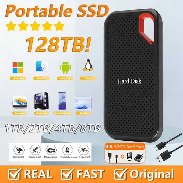 128TB ความจุขนาดใหญ่แบบพกพา SSD 2TB/4TB ฮาร์ดไดรฟ์ภายนอก USB3.2 ฮาร์ดดิสก์ประเภท-C อุปกรณ์ถ่ายโอนข้อมูลความเร็วสูงสำหรับแล็ปท็อป/แม็ค 1