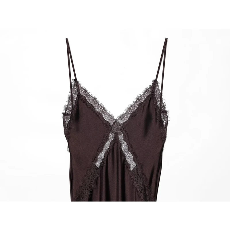 Brown Satin Sexy Lace Spliced Sling Dress Women Sleeveless Backless Party Dresses 2025 Summer Lady Robes Elegant Dress ﻿