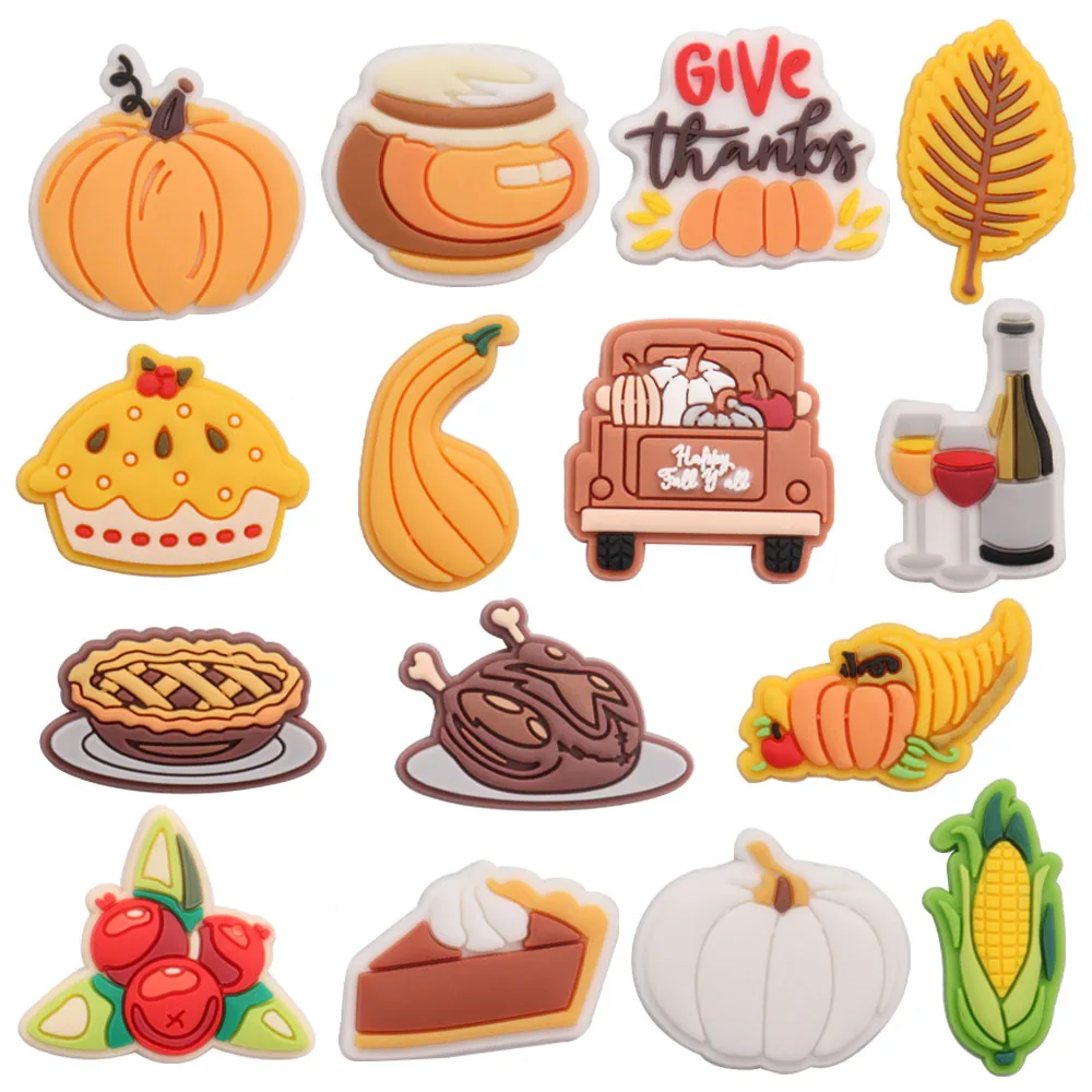 

Mix 50PCS PVC Shoe Charms Fit Wristbands Pumpkin Leaf Pie Wine Turkey Cake Corn Give Thanks Hole Slipper Decorations for Bands