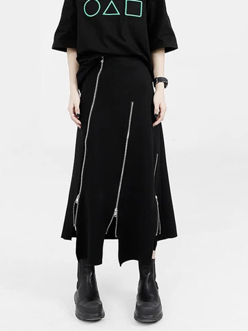 New Black Zipper Skirt Women A-line High Waist Mid-length Irregular Half Skirt Streetwear Loose Skirt