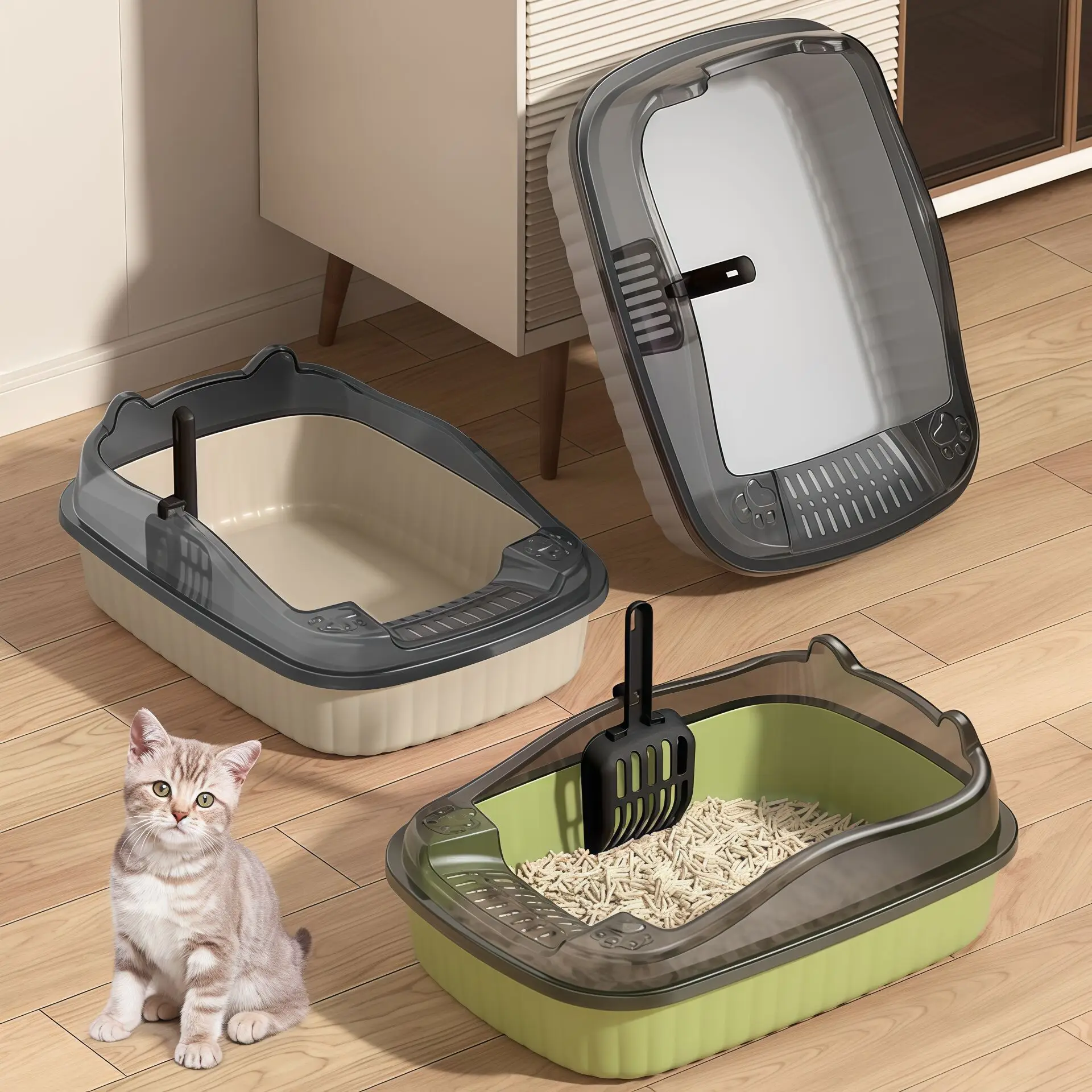 Cat Litter Box Thickening Kitty Sandbox Semi-enclosed High Side Splashproof Pet Bedpans with Litter Scoop Cleaning Cat Supplies Cat Litter Box Thickening Kitty Sandbox Semi-enclosed High Side Splashproof Pet Bedpans with Litter Scoop Cleaning Cat Supplies