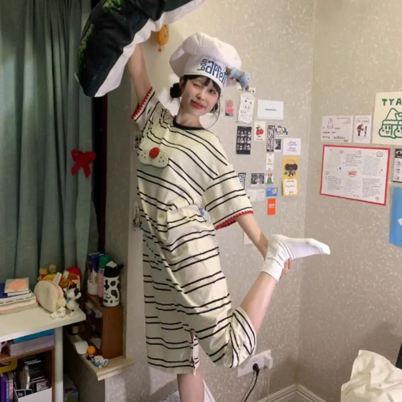 

Женская пижама Корейская Милая летняя ночная женская пижама с мультяшным принтом модная свободная Пижама с коротким рукавом для женщин пижамы