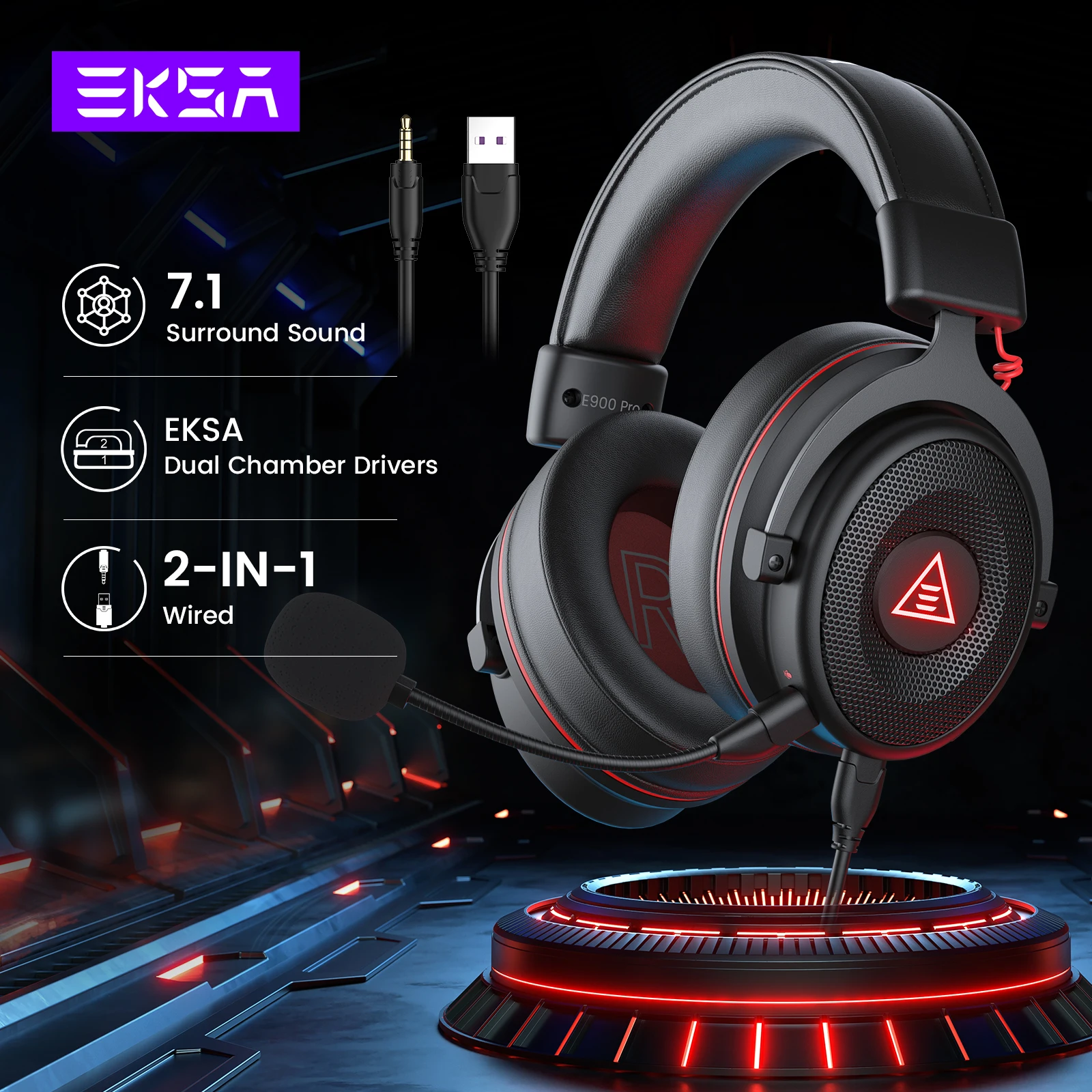 EKSA PC Gaming Headphones Over-Ear,E900 Pro Surround Wired