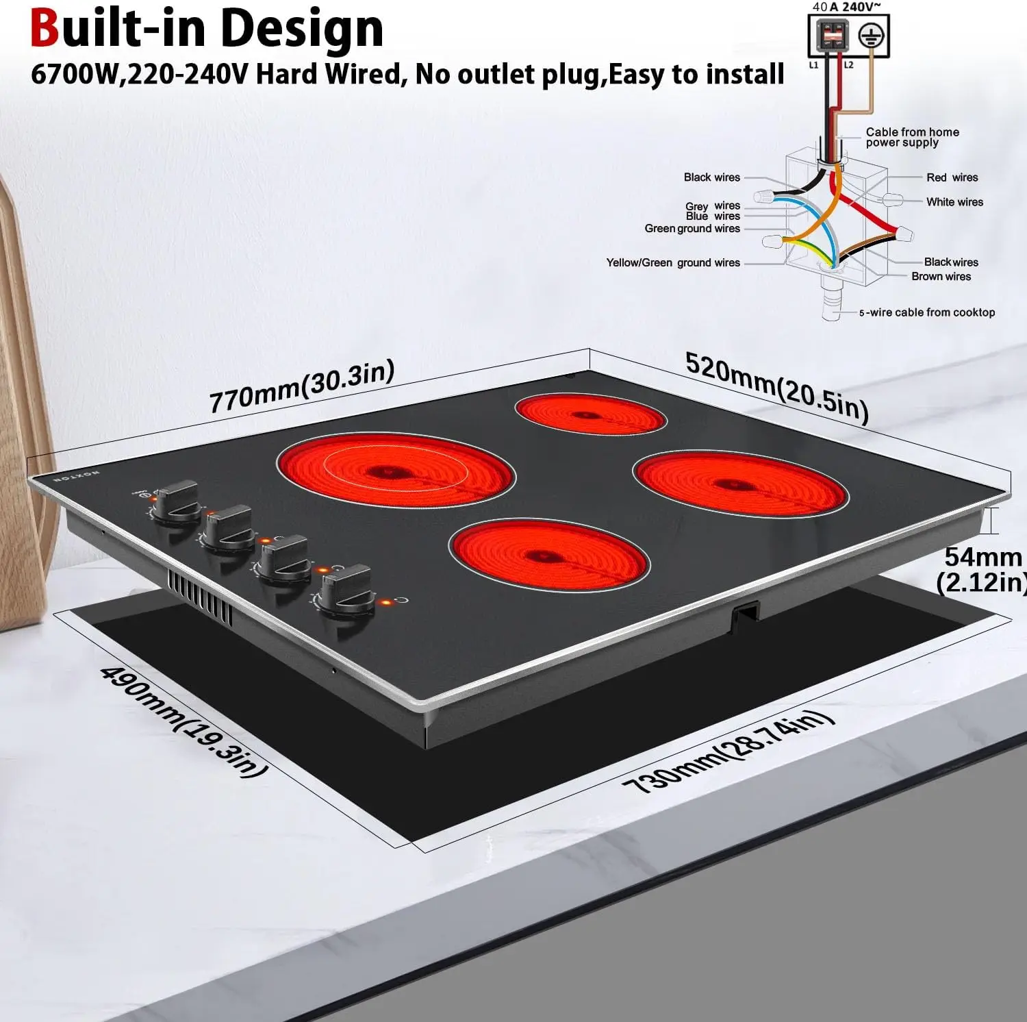30 Inch 4 Burners Electric Cooktop Built-in 30" Radiant Electric Ceramic Stove Top with Glass Protection Metal Frame Knob Control