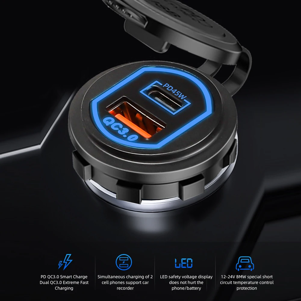 

63W Car Charger Type C PD and QC 3.0 Fast Charging Waterproof Phone Charger LED Display Power Adapter 12V 24V for Car Boat RV