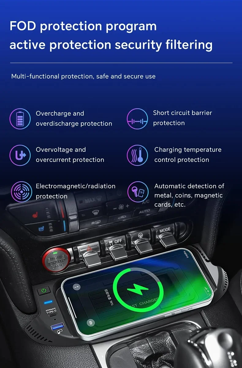 For Ford Mustang 2015-2022 Car Wireless Fast Charger QI Phone Charging Pad Holder 15W Full Power Output Wireless+USB 27W WIRED detail image 4