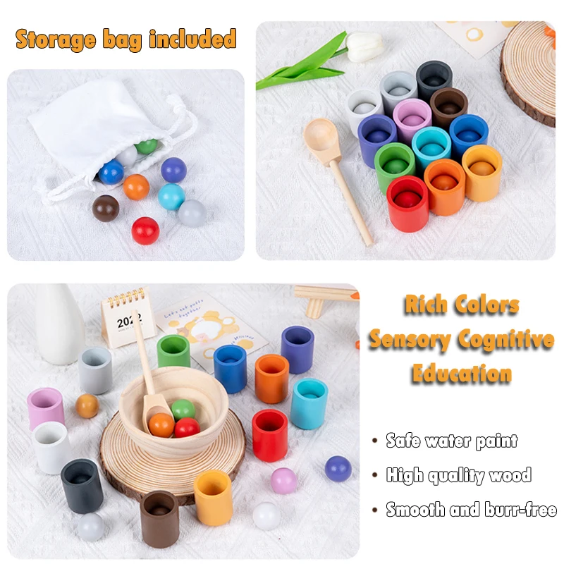 Syligr Color Sorting Cups And Balls Set, Montessori Wooden Toy For Toddlers With Tongs And Bowl, Educational Color Matching Game For Preschool